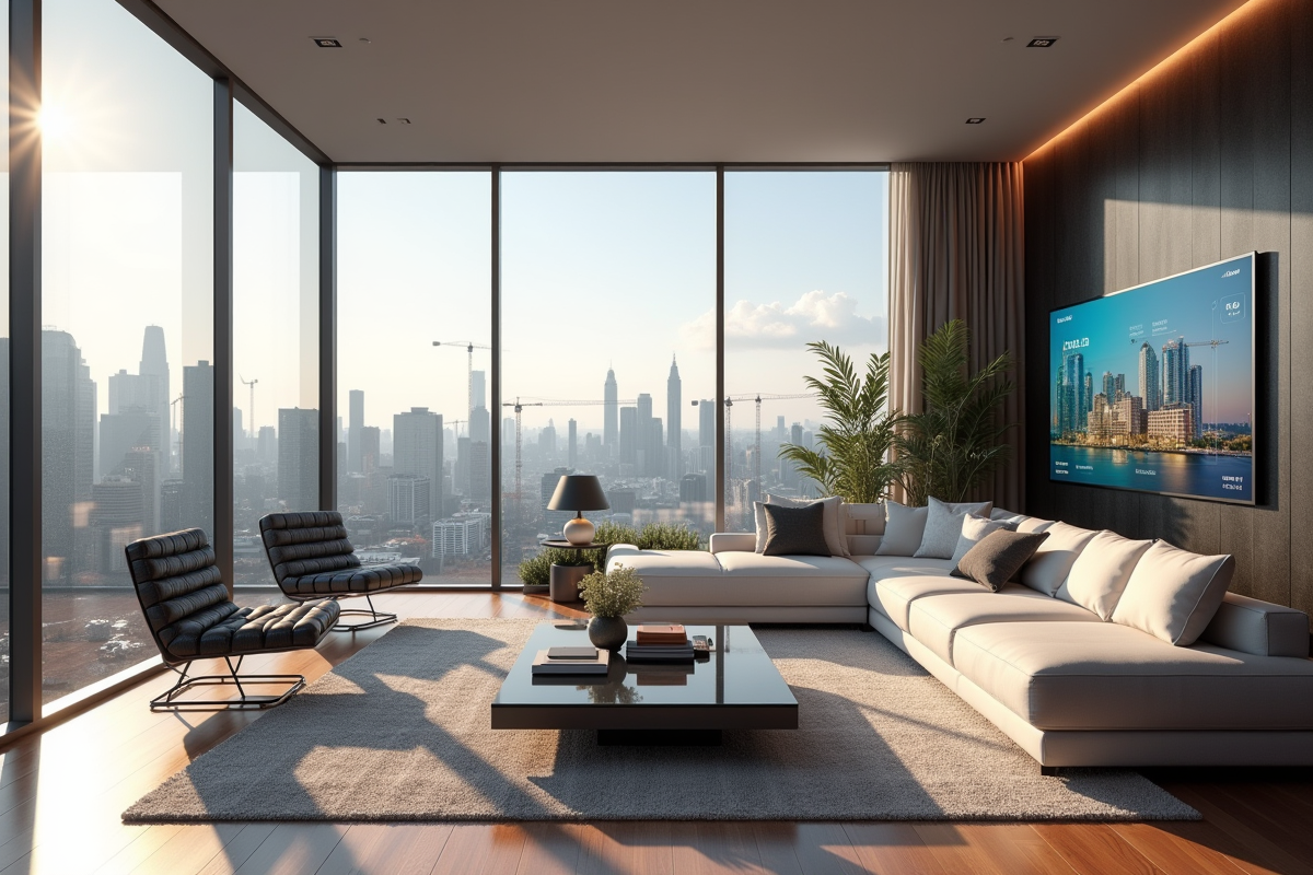 Salon spacieux avec fenêtres panoramiques sur une ville en construction et appareils connectés