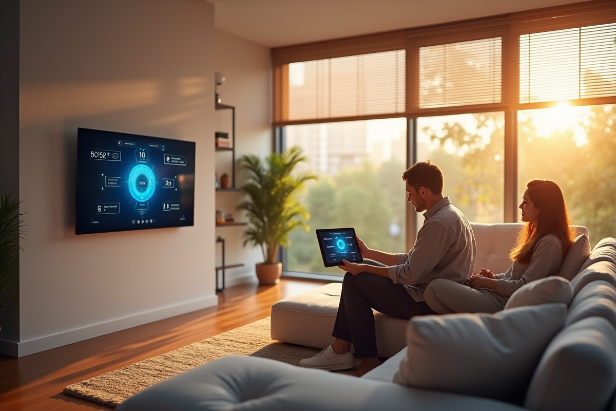 Salon moderne avec panneau de contrôle digital et éclairage intelligent