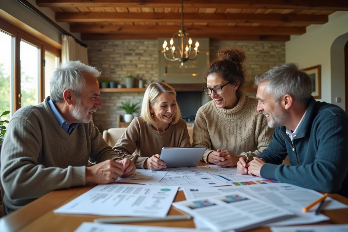 Famille réunie autour d'une table pour planifier la gestion patrimoniale d'une SCI familiale entre générations
