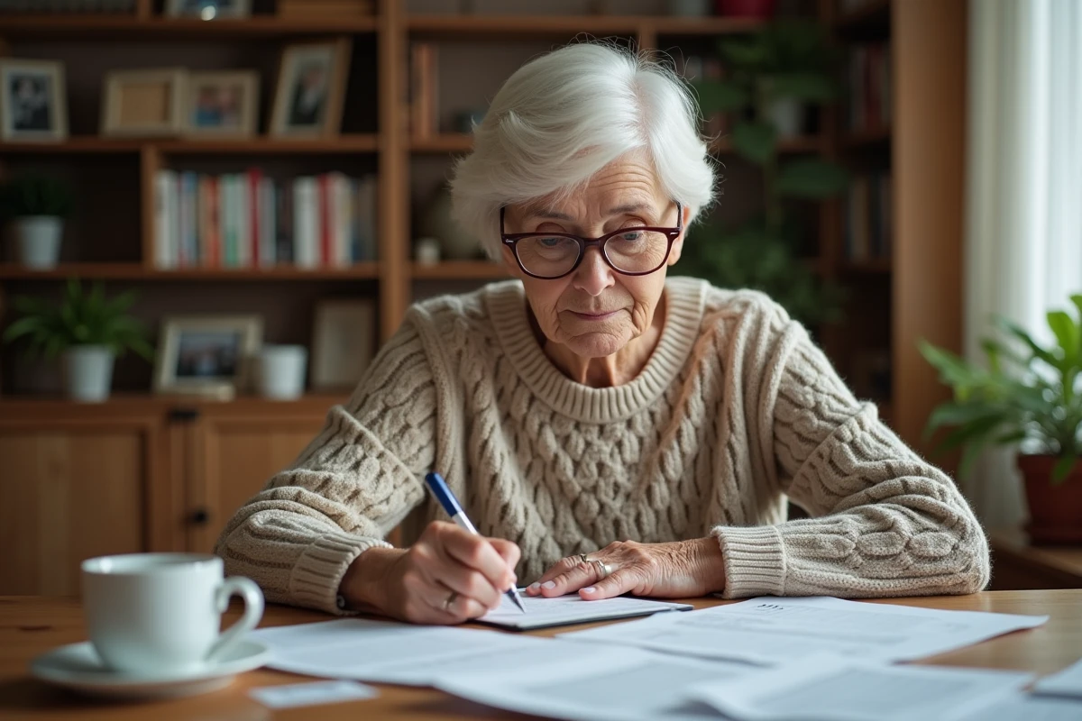 Femme agee examine un courrier d'impots assise
