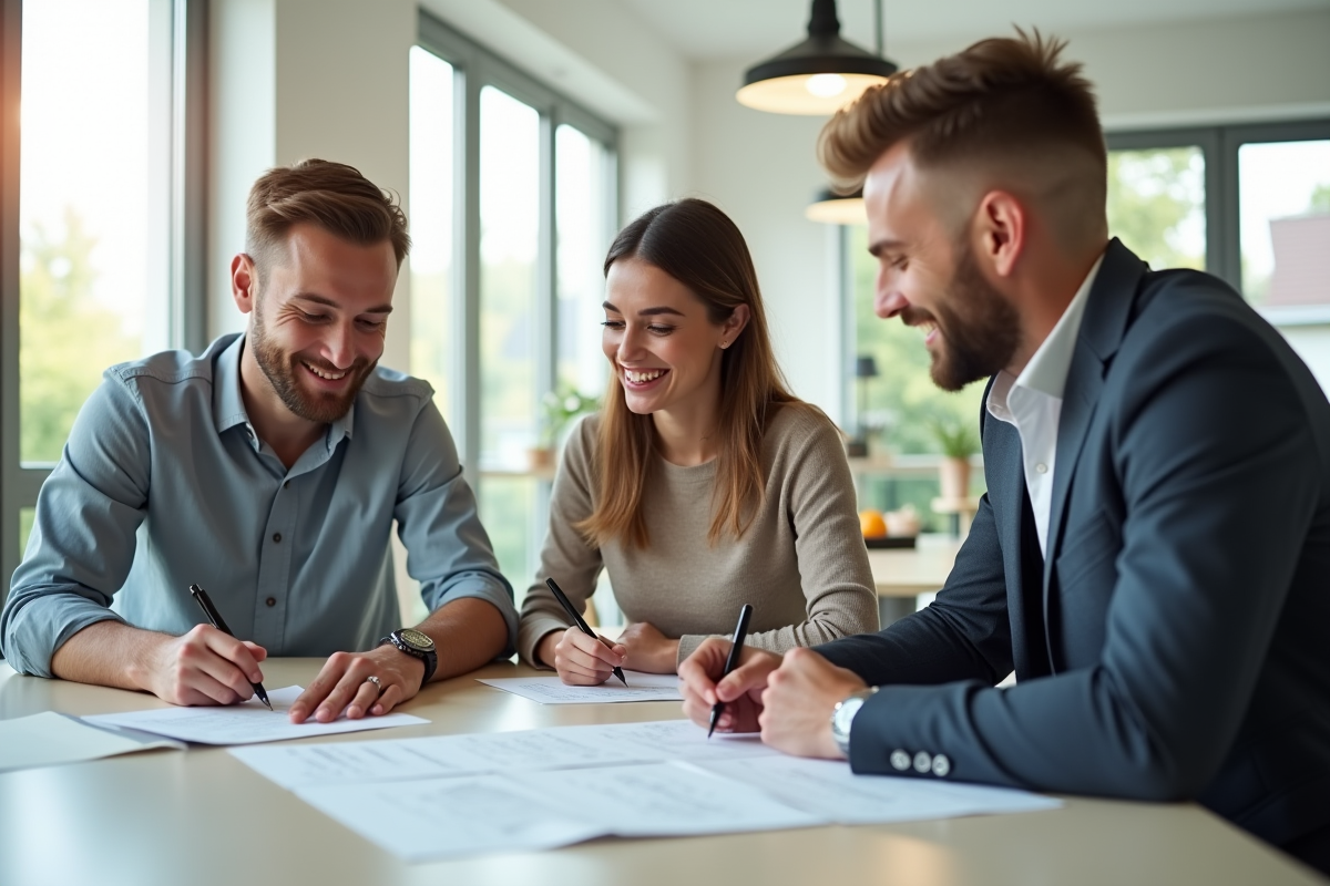 Deux jeunes couples avec un notaire signant un contrat immobilier