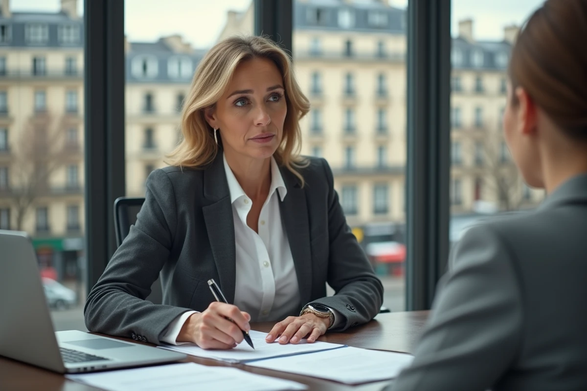 Femme signant un acte de vente immobilière avec les frais de notaire dans un cabinet juridique parisien