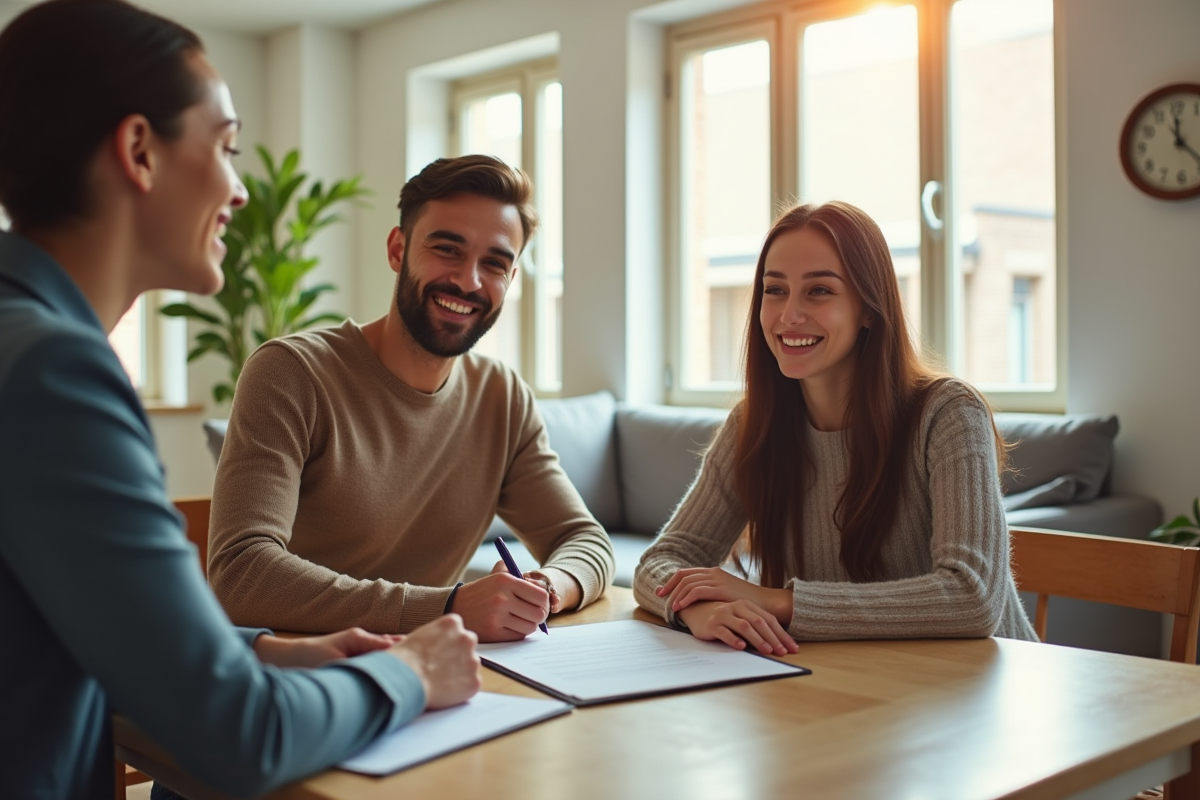 Couple signant un contrat de location avec un agent immobilier dans un salon lumineux