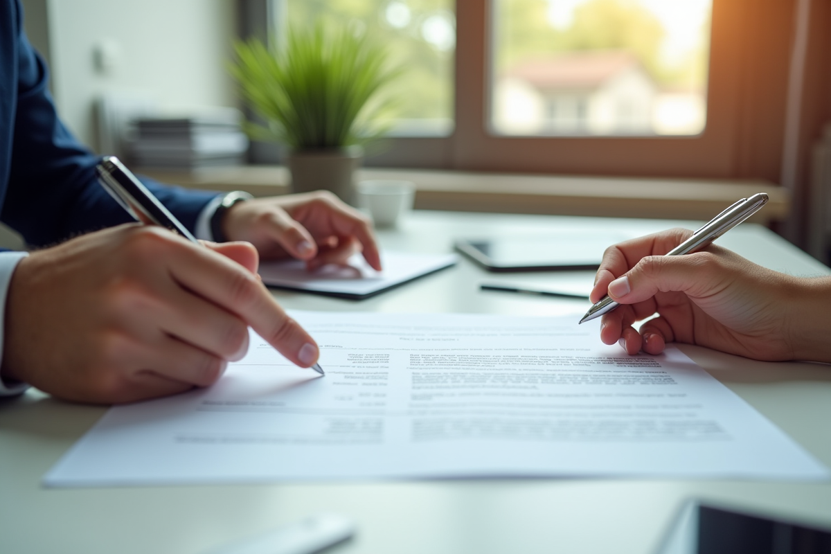 Deux mains signent un contrat de location dans un bureau moderne