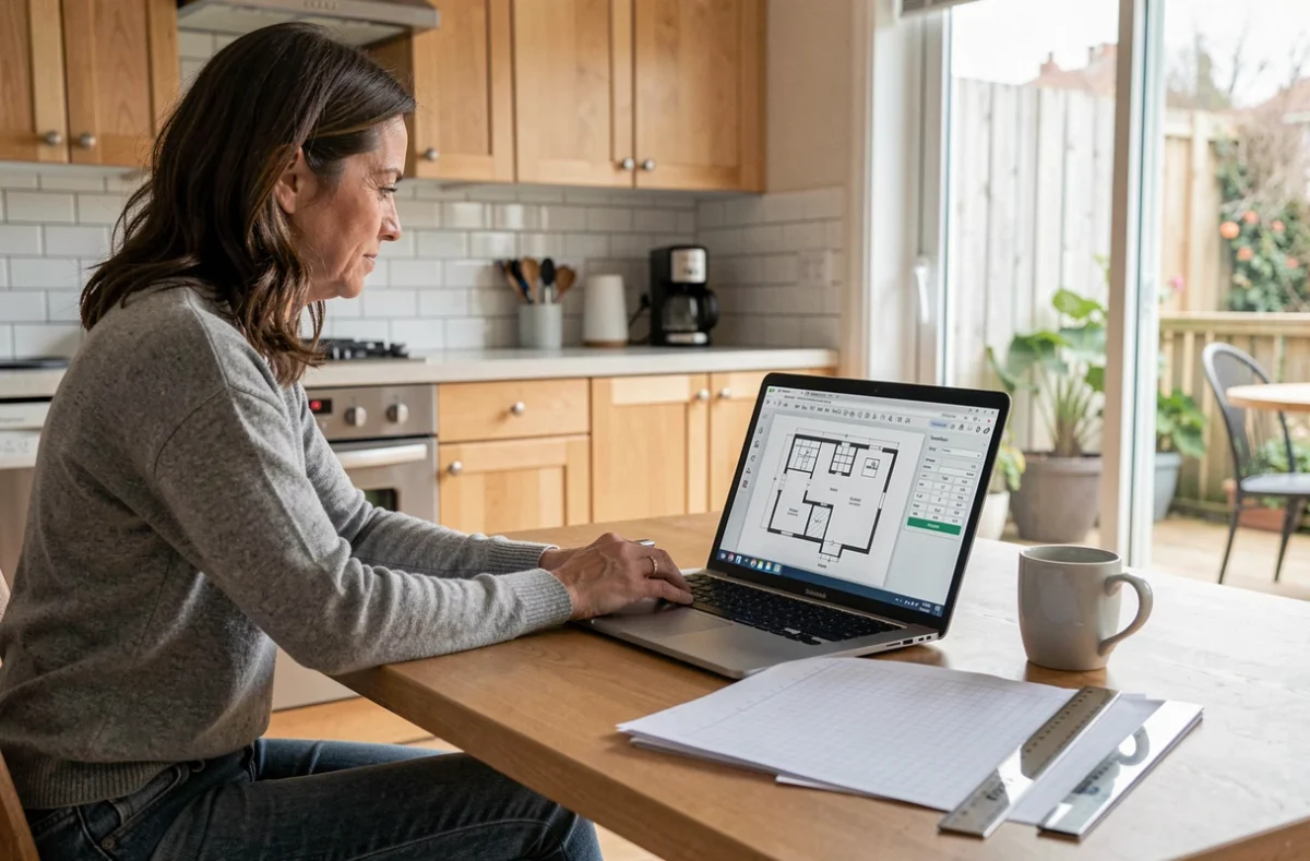 Femme utilisant un simulateur en ligne pour calculer l'emprise au sol d'une extension de maison sur son ordinateur portable