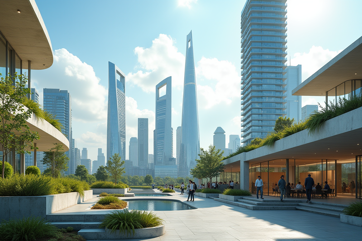 Vue d'une skyline urbaine moderne avec bâtiments durables et jardins sur les toits