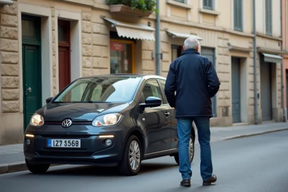 Homme en veste marine gare sa voiture &agrave; Aix Villemaur