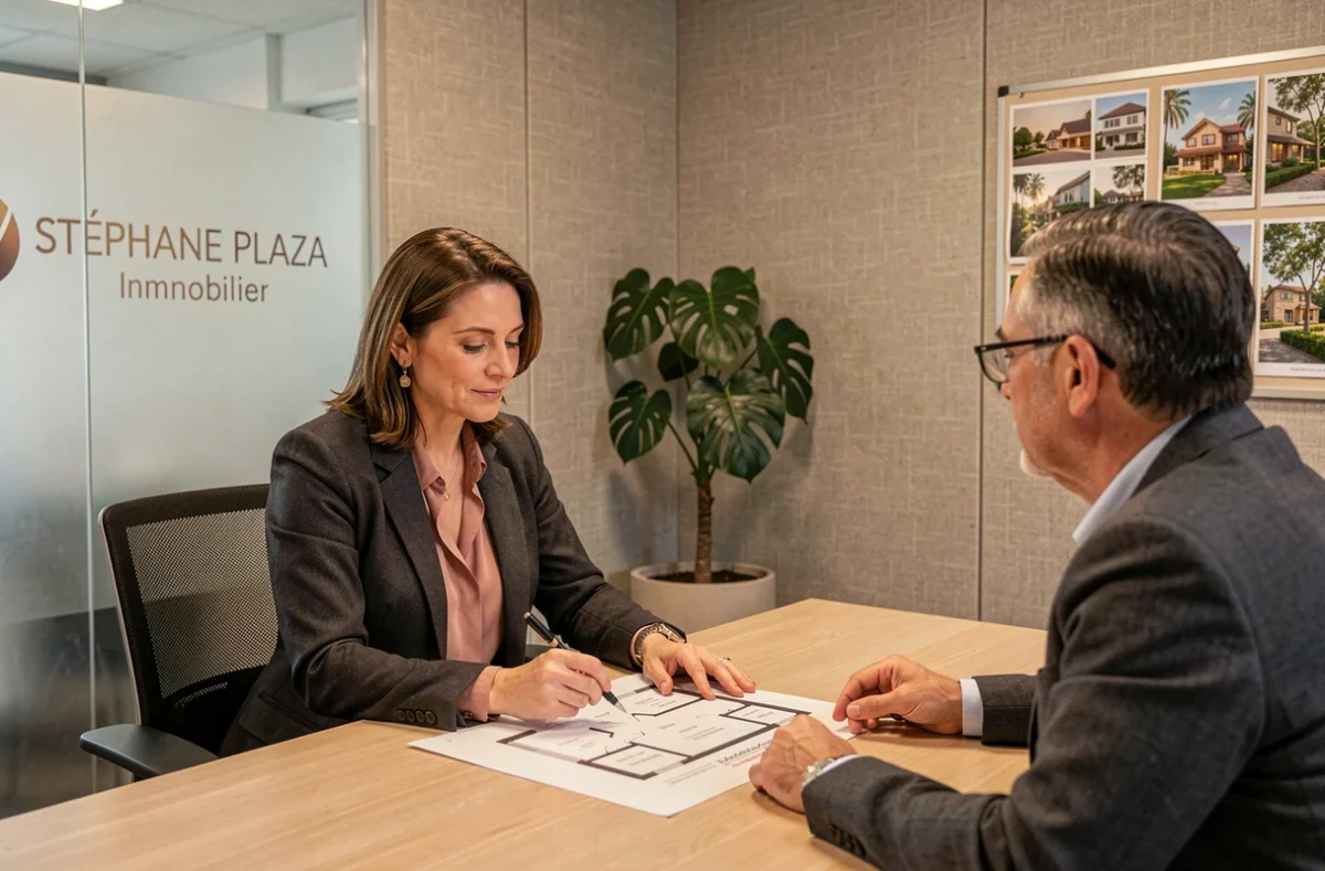 Conseillère Stéphane Plaza Immobilier Issy-les-Moulineaux étudiant un plan d'appartement avec des clients dans l'agence