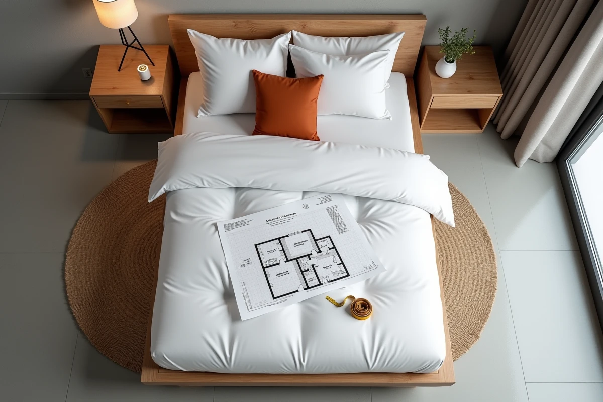 Vue en plong&eacute;e d'un studio minimaliste avec espace chambre optimis&eacute; et plan d'am&eacute;nagement pos&eacute; sur le lit
