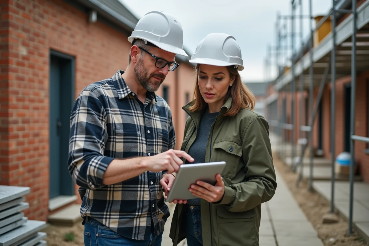 Deux professionnels examinant un tableau de bord de suivi de rénovation sur tablette devant une maison en chantier