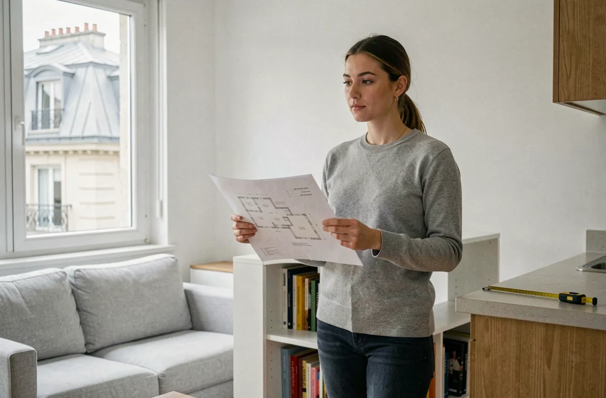 Jeune femme étudiant le plan d'un appartement T2 avec séjour ouvert sur cuisine dans un immeuble parisien