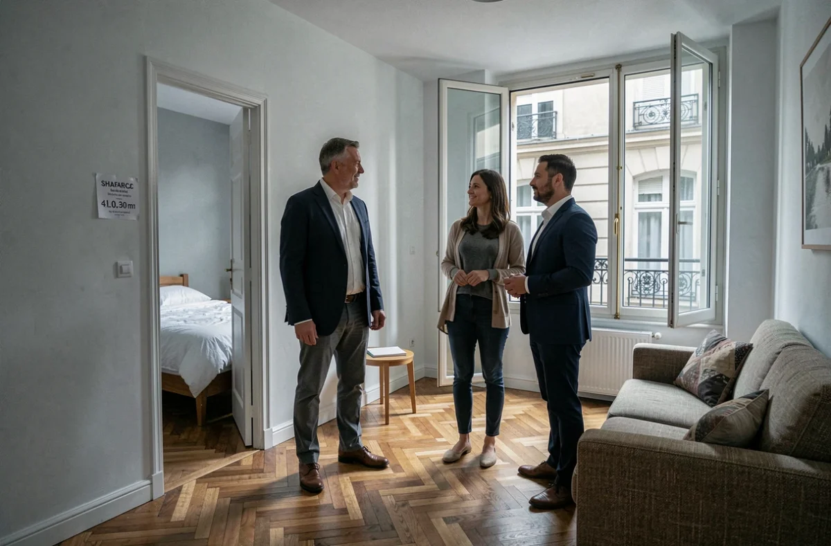 Agent immobilier présentant un appartement T2 conforme aux normes de surface locative à un couple de locataires potentiels