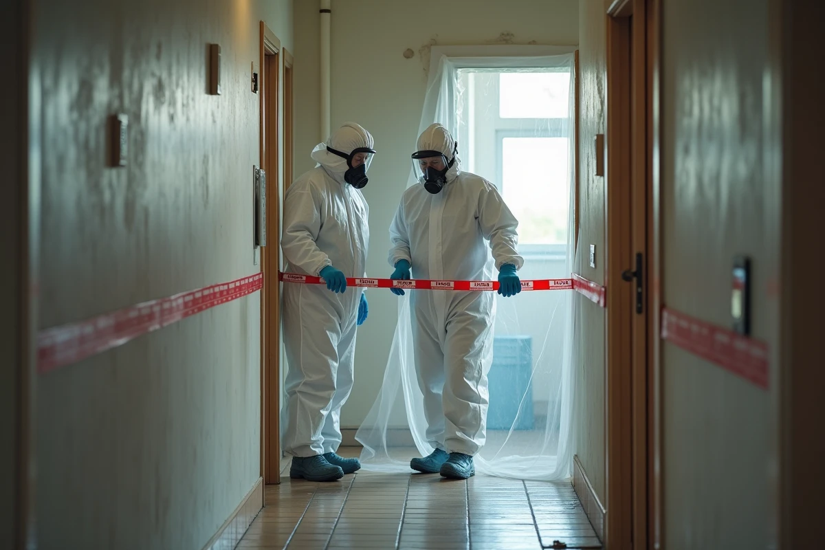 Deux techniciens en combinaison de décontamination installant un confinement en polyéthylène dans un couloir résidentiel lors d'une opération de désamiantage professionnelle