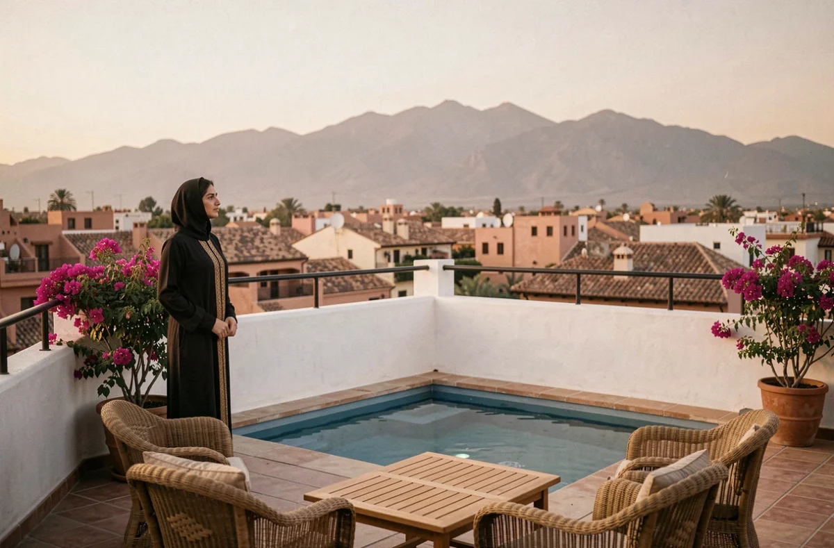 Terrasse de luxe avec piscine privée dans un appartement haut de gamme à Marrakech avec vue sur les toits et l'Atlas