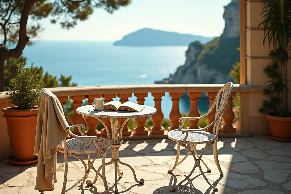 Terrasse en pierre de la Villa Leopolda avec mobilier vintage et vue sur le Cap Ferrat