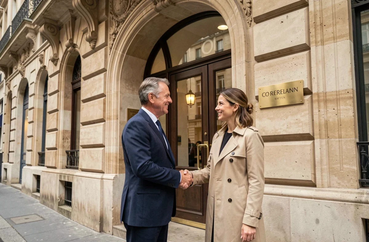 Deux professionnels se serrant la main devant un immeuble haussmannien dédié à l'immobilier d'entreprise en centre-ville