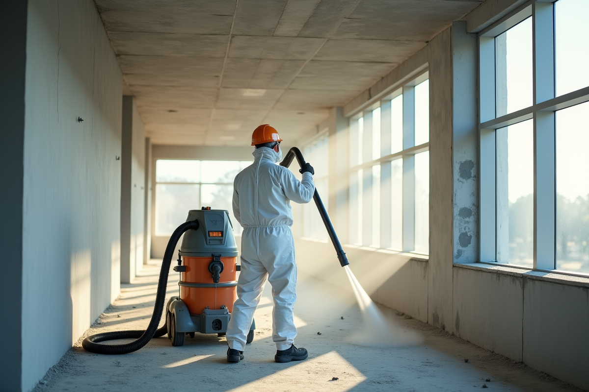 Travailleur en protection nettoyant un bâtiment avec aspirateur