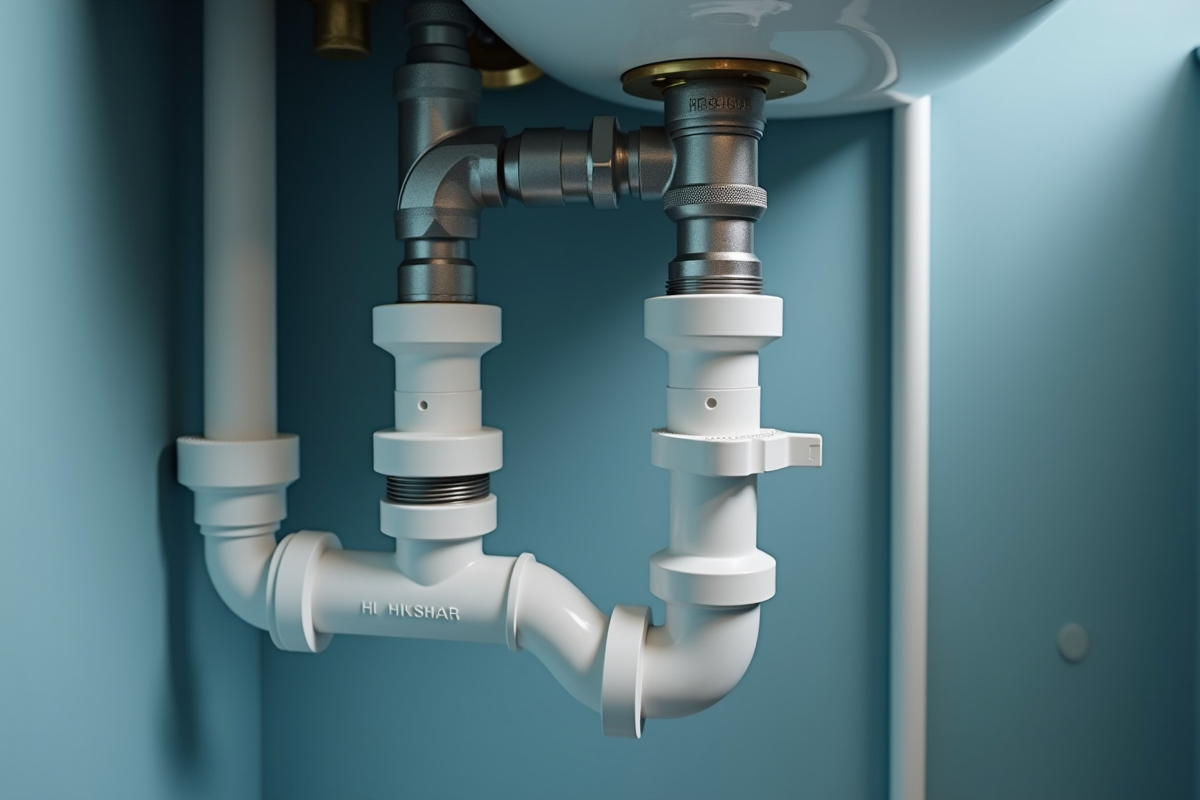 Détail des tuyaux modernes en plastique et métal sous un lavabo