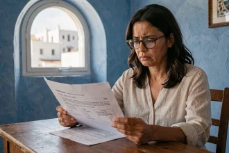 Femme marocaine vérifiant un contrat de location longue durée dans un appartement meublé à Essaouira
