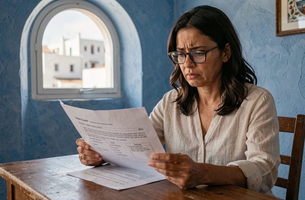 Femme marocaine vérifiant un contrat de location longue durée dans un appartement meublé à Essaouira