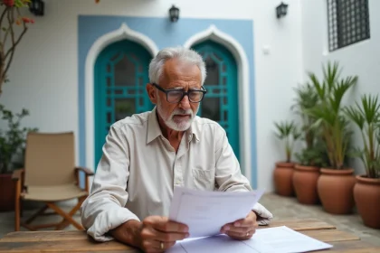 Homme marocain vérifiant des documents de location dans un petit jardin typique d'Essaouira aux murs blanchis à la chaux