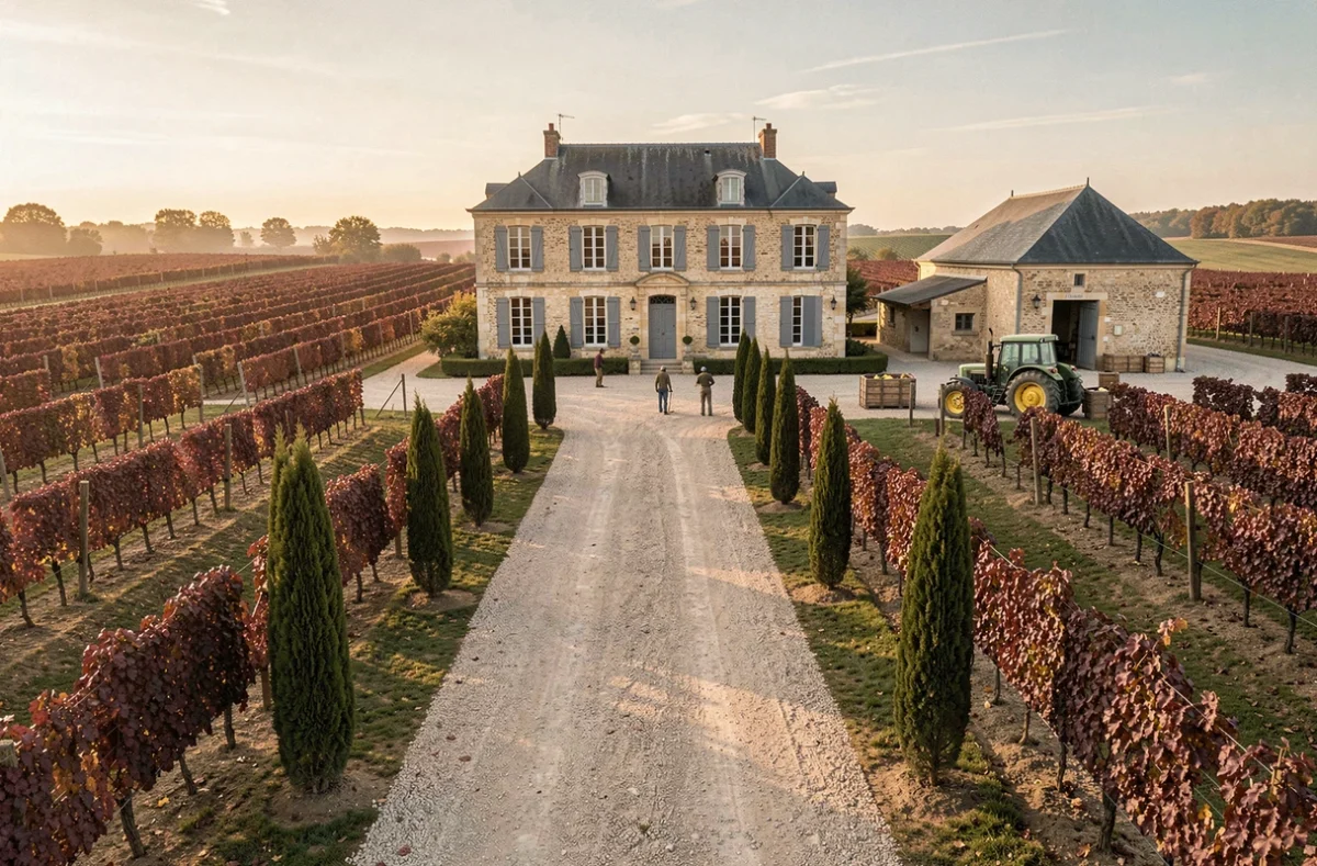 Vue panoramique d'un vignoble bordelais clé en main avec manoir en pierre et rangées de vignes après vendanges