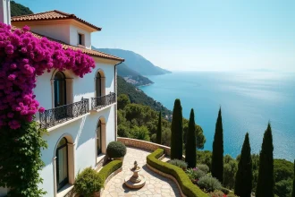 Façade extérieure de la Villa Leopolda sur la Côte d'Azur avec jardins en terrasses et vue sur la Méditerranée