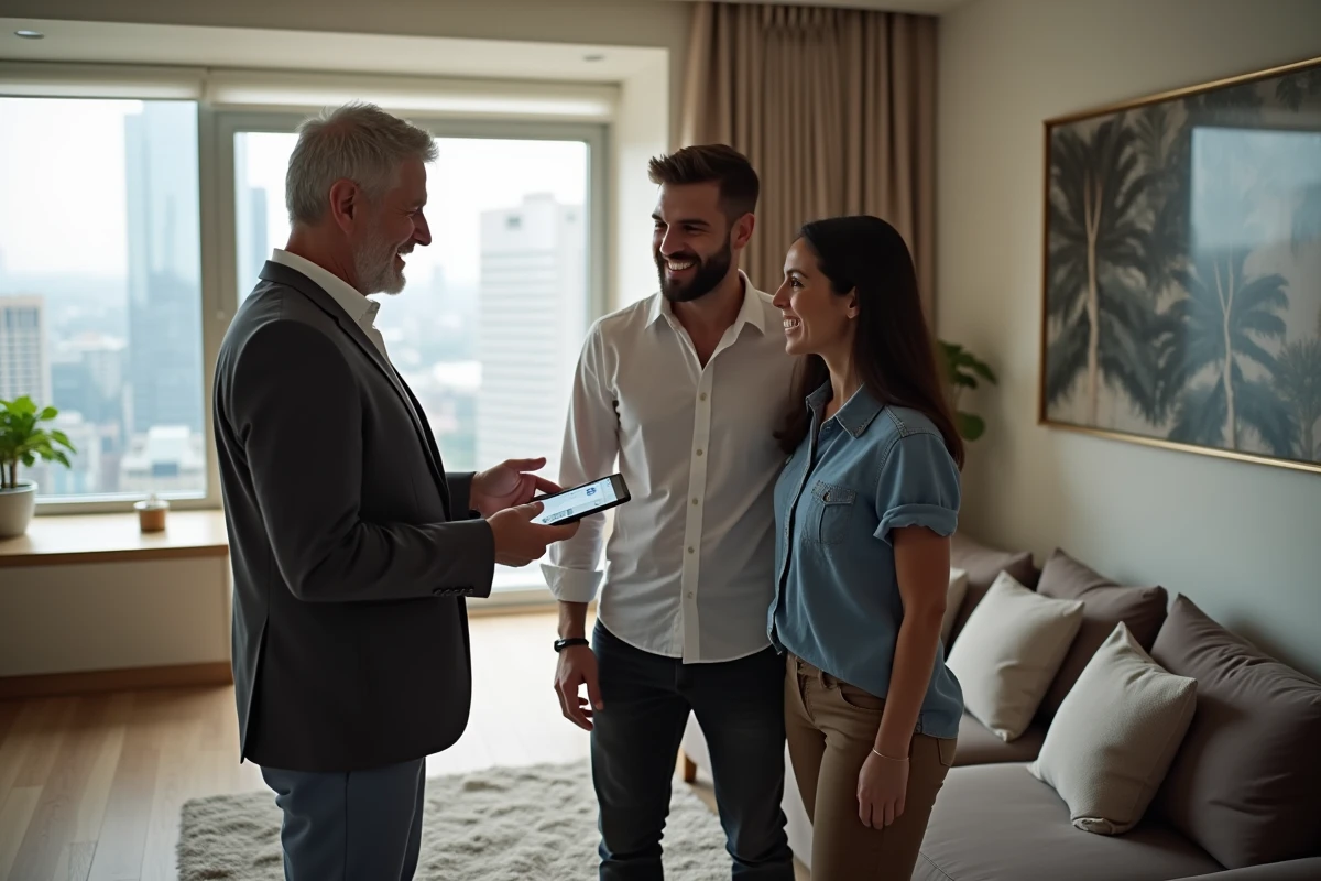 Homme montrant une annonce de location à un couple dans un salon