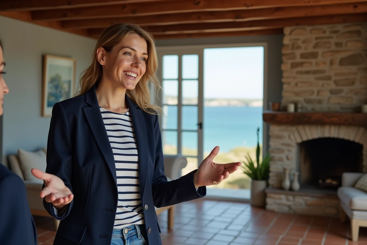 Agent immobilier présentant l'intérieur d'une maison normande avec vue sur la mer
